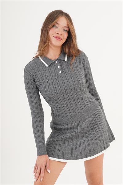 Şerit Detaylı Antrasit Triko İkili Takım