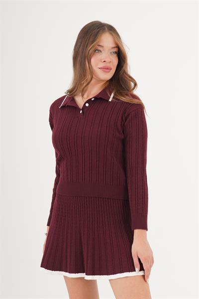 Şerit Detaylı Bordo Triko İkili Takım