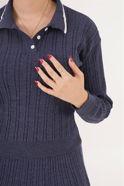 Şerit Detaylı Lacivert Triko İkili Takım