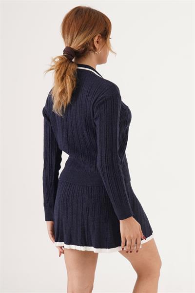 Şerit Detaylı Lacivert Triko İkili Takım