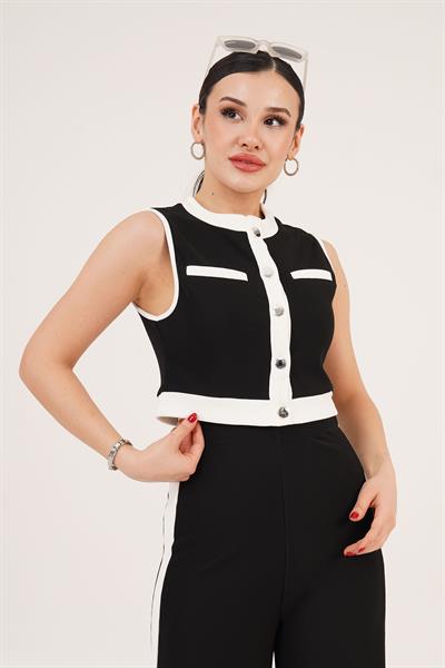 Düğmeli Bluz ve Geniş Paça Şeritli Siyah İkili Takım	