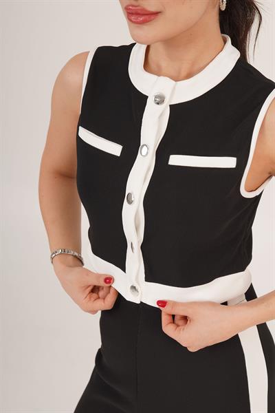 Düğmeli Bluz ve Geniş Paça Şeritli Siyah İkili Takım	