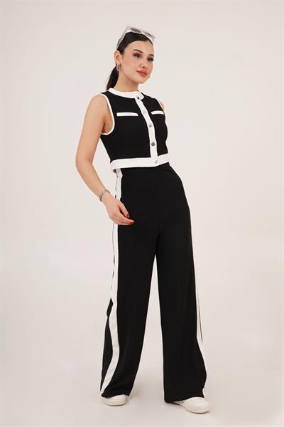 Düğmeli Bluz ve Geniş Paça Şeritli Siyah İkili Takım	