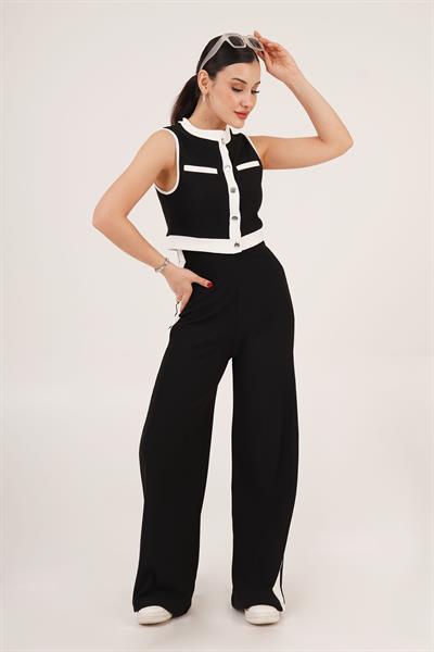 Düğmeli Bluz ve Geniş Paça Şeritli Siyah İkili Takım	