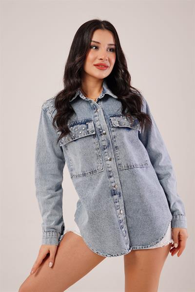 Shine Effect Yıkamalı Denim Gömlek Ceket