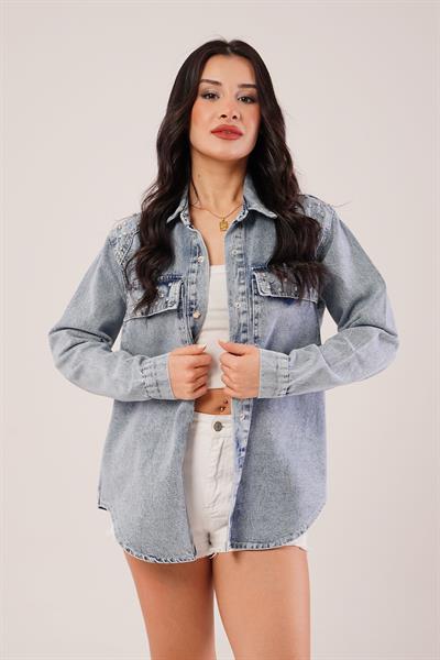 Shine Effect Yıkamalı Denim Gömlek Ceket