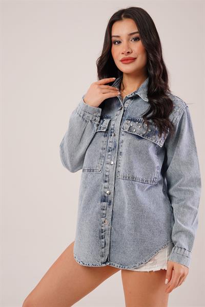 Shine Effect Yıkamalı Denim Gömlek Ceket