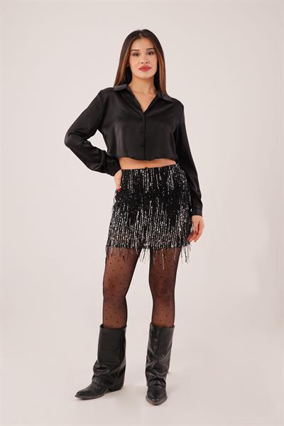 Shine Desen Payetli Işıltı Siyah Mini Etek