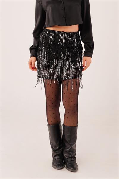 Shine Desen Payetli Işıltı Siyah Mini Etek