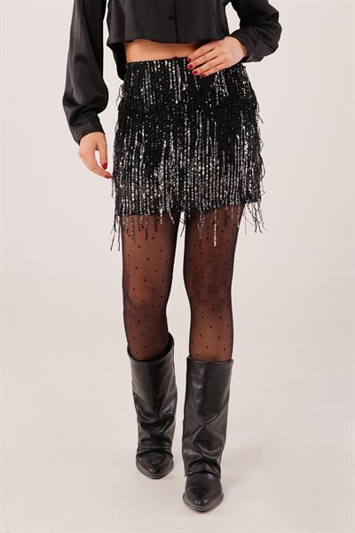 Shine Desen Payetli Işıltı Siyah Mini Etek