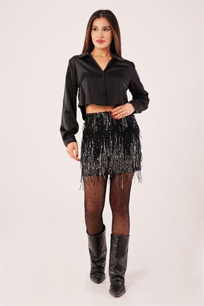Shine Desen Payetli Işıltı Siyah Mini Etek