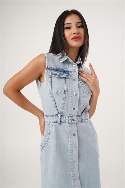 Sıfır Kol Çıtçıtlı Spor Denim Elbise