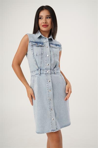 Sıfır Kol Çıtçıtlı Spor Denim Elbise