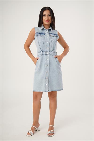 Sıfır Kol Çıtçıtlı Spor Denim Elbise