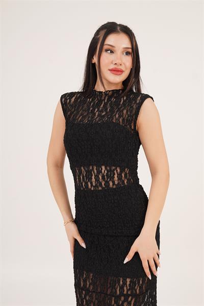 Sıfır Kol Romantik Dantelli Siyah Bluz