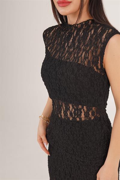 Sıfır Kol Romantik Dantelli Siyah Bluz