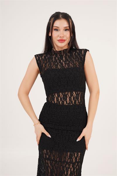Sıfır Kol Romantik Dantelli Siyah Bluz