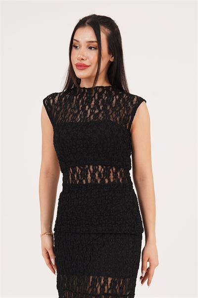 Sıfır Kol Romantik Dantelli Siyah Bluz