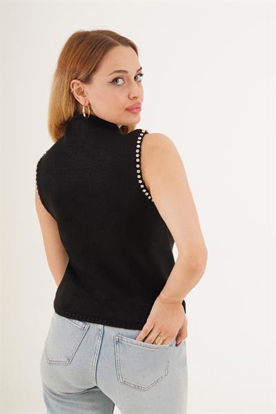 Sıfır Kol Taş İşlemeli Siyah Triko Süveter