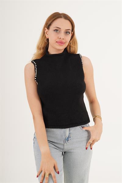 Sıfır Kol Taş İşlemeli Siyah Triko Süveter