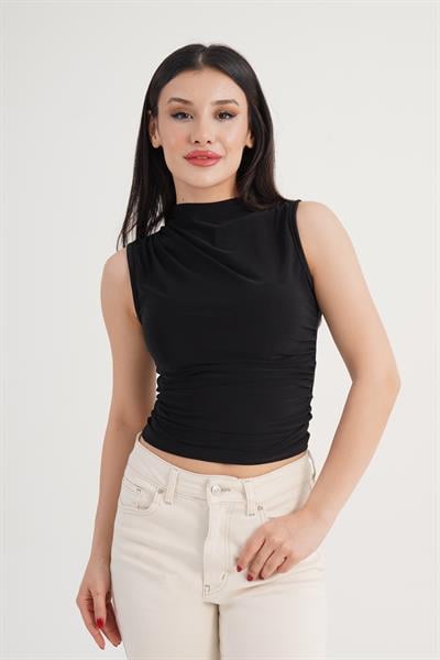 Sıfır Kol Yan Büzgülü Vücuda Oturan Siyah Bluz