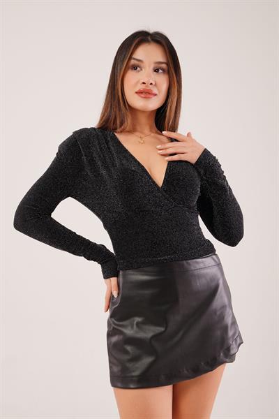 Simli V Yaka Kruvaze Siyah Bluz