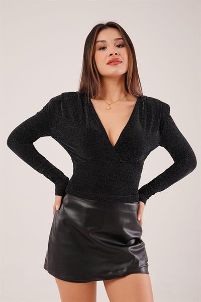 Simli V Yaka Kruvaze Siyah Bluz