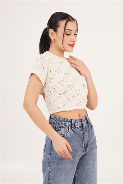 Sırt Dekolteli Taşlı Bej Örme Bluz