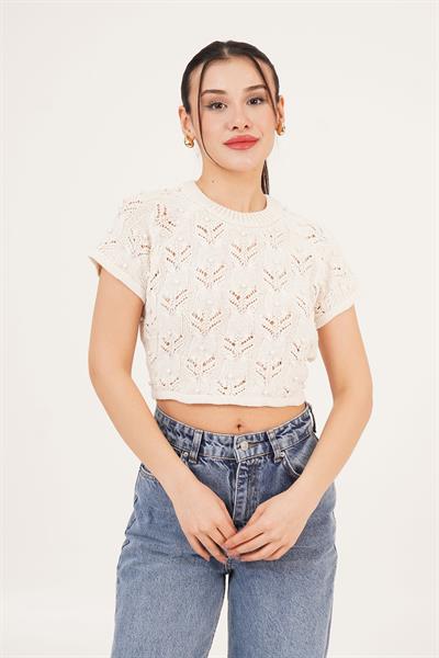 Sırt Dekolteli Taşlı Bej Örme Bluz