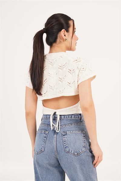 Sırt Dekolteli Taşlı Bej Örme Bluz