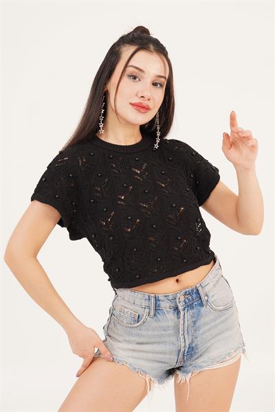 Sırt Dekolteli Taşlı Siyah Örme Bluz