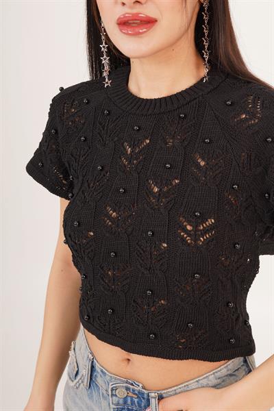 Sırt Dekolteli Taşlı Siyah Örme Bluz