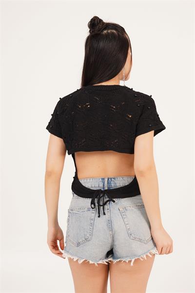 Sırt Dekolteli Taşlı Siyah Örme Bluz