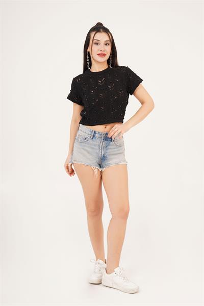 Sırt Dekolteli Taşlı Siyah Örme Bluz