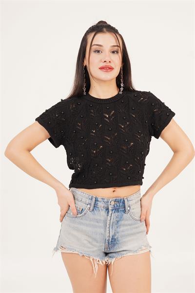 Sırt Dekolteli Taşlı Siyah Örme Bluz