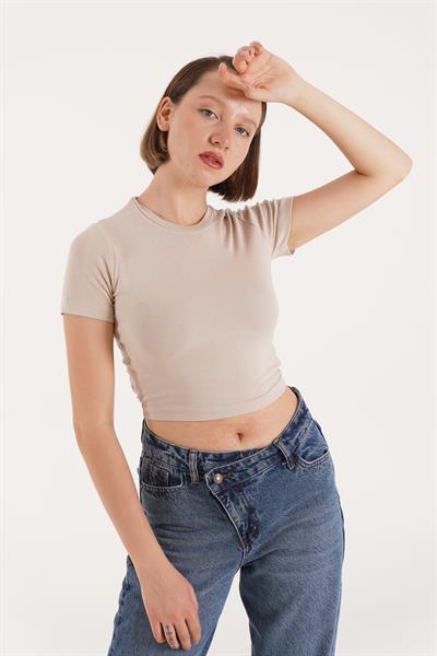 Sırt Kemer Detaylı Basic Bej Crop