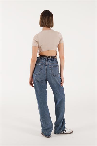 Sırt Kemer Detaylı Basic Bej Crop