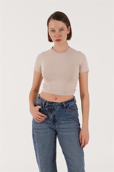 Sırt Kemer Detaylı Basic Bej Crop