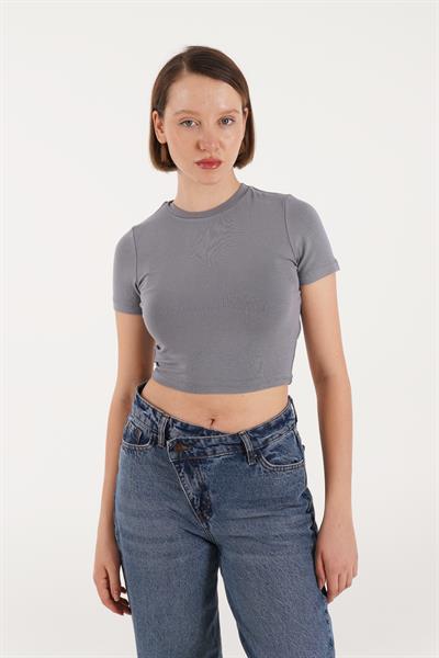 Sırt Kemer Detaylı Basic Gri Crop