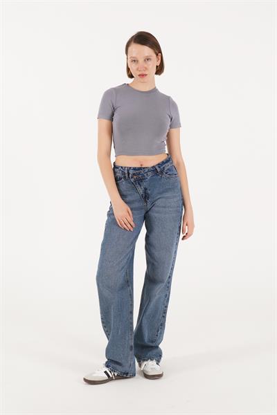 Sırt Kemer Detaylı Basic Gri Crop