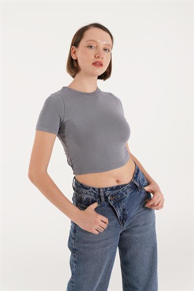 Sırt Kemer Detaylı Basic Gri Crop