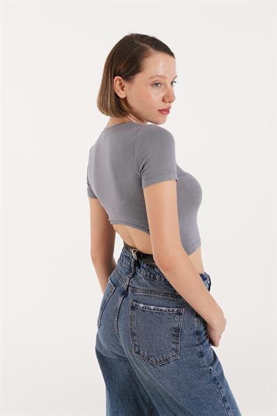 Sırt Kemer Detaylı Basic Gri Crop
