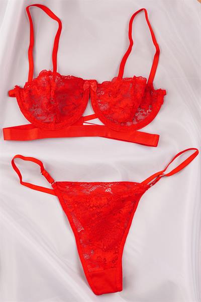 Sırtı Çapraz Model Dantelli Kırmızı Bralet Takımı (Sütyen & Tanga)
