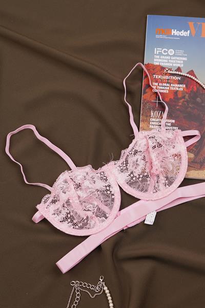 Sırtı Çapraz Model Dantelli Pembe Bralet Takımı (Sütyen & Tanga)