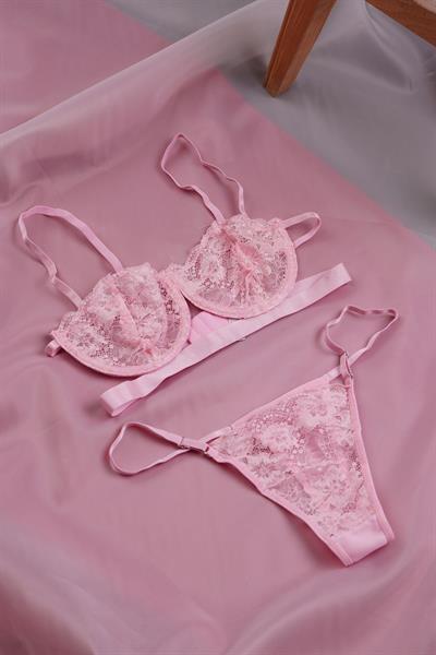 Sırtı Çapraz Model Dantelli Pembe Bralet Takımı (Sütyen & Tanga)