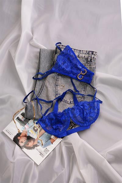 Sırtı Çapraz Model Dantelli Saks Bralet Takımı (Sütyen & Tanga)