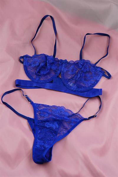 Sırtı Çapraz Model Dantelli Saks Bralet Takımı (Sütyen & Tanga)