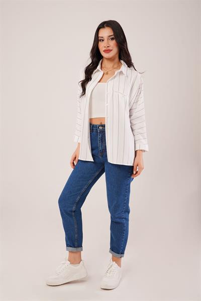 Siyah Çizgili Kol Katlamalı Gömlek