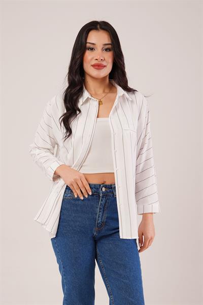 Siyah Çizgili Kol Katlamalı Gömlek