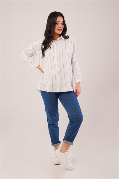Siyah Çizgili Kol Katlamalı Gömlek